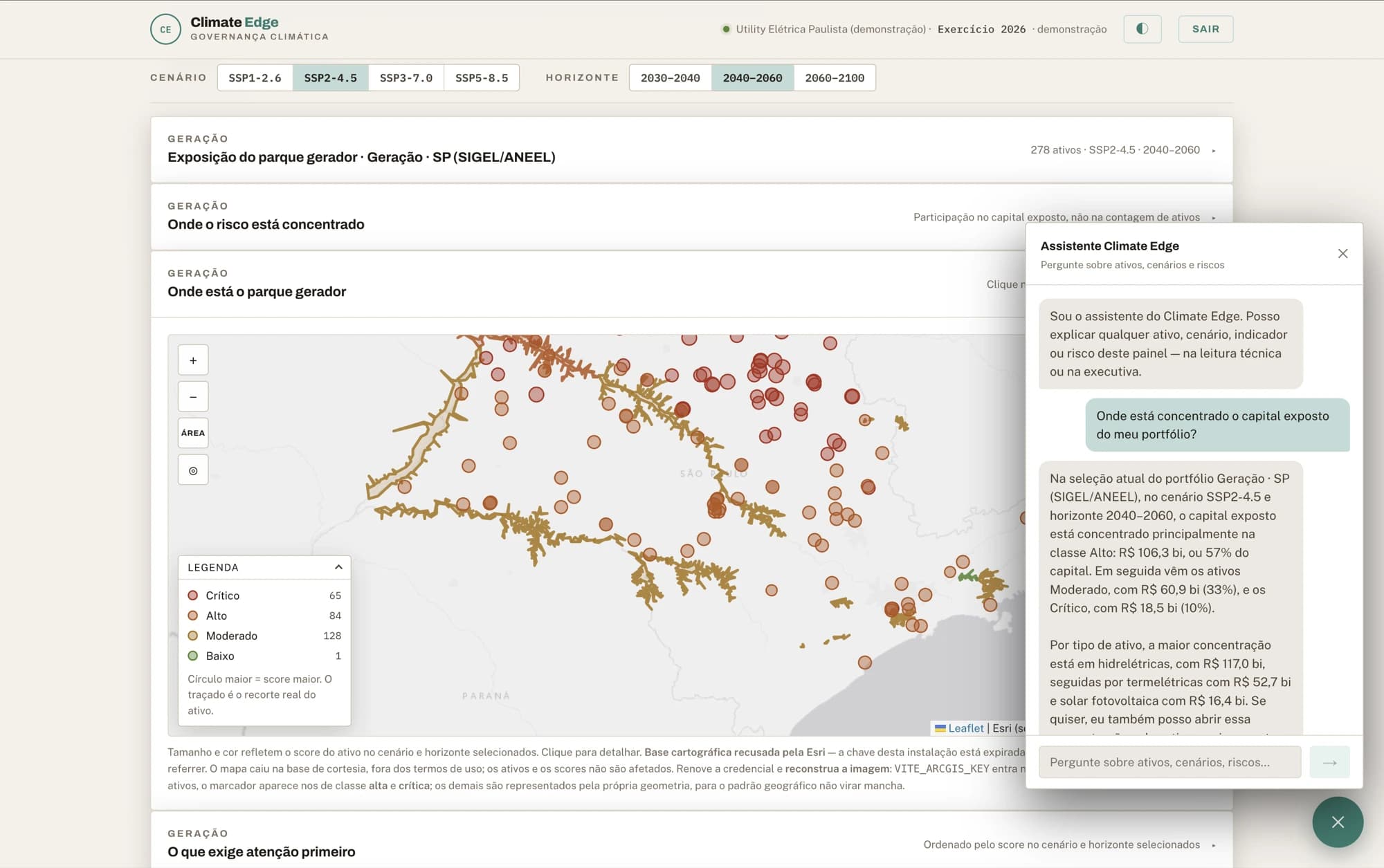 Agente de IA do Climate Edge escrevendo a leitura executiva do risco projetado