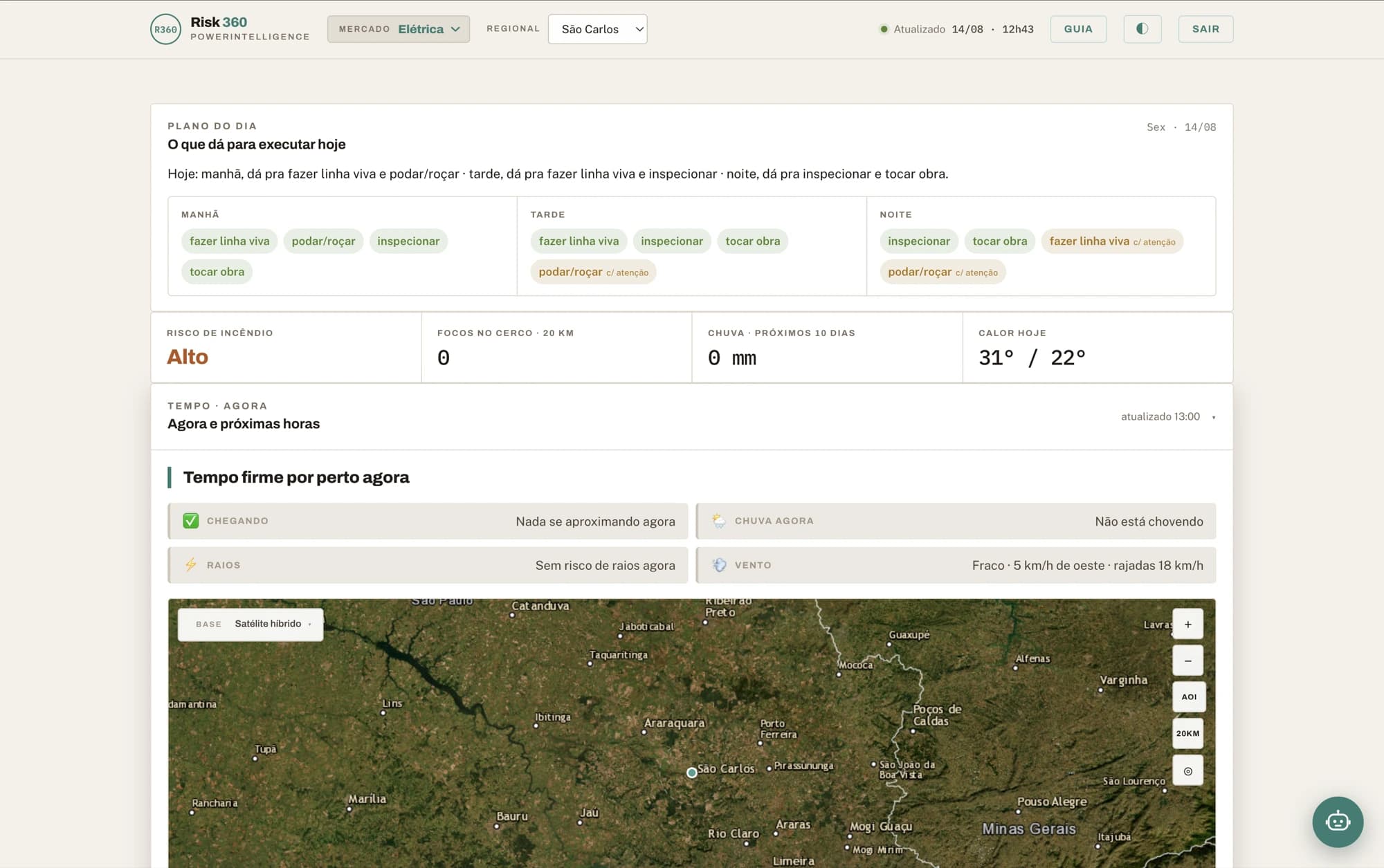Painel do Risk360 no mercado de energia elétrica: plano do dia com as atividades liberadas por período, risco de incêndio, focos no cerco e mapa de satélite da regional